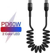 60W PD3.0 USB-C Krulsnoer Kabel - Uitrekbaar tot 1,5 Meter - Zwart - Nylon Gevlochten - Geschikt voor Android Auto