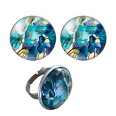 2-Delige Sieradenset-Clip oorbellen-Geen gaatjes-Verstelbare ring-Verstelbaar-2 cm-Blauw-Charme Bijoux