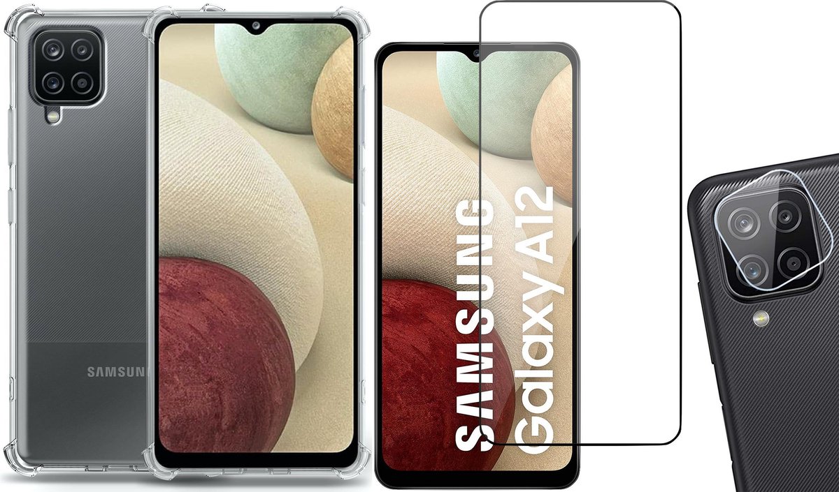 Hoesje geschikt voor Samsung Galaxy A12 - Screenprotector Glas & Camera Screen Protector - Transparant Shock Case