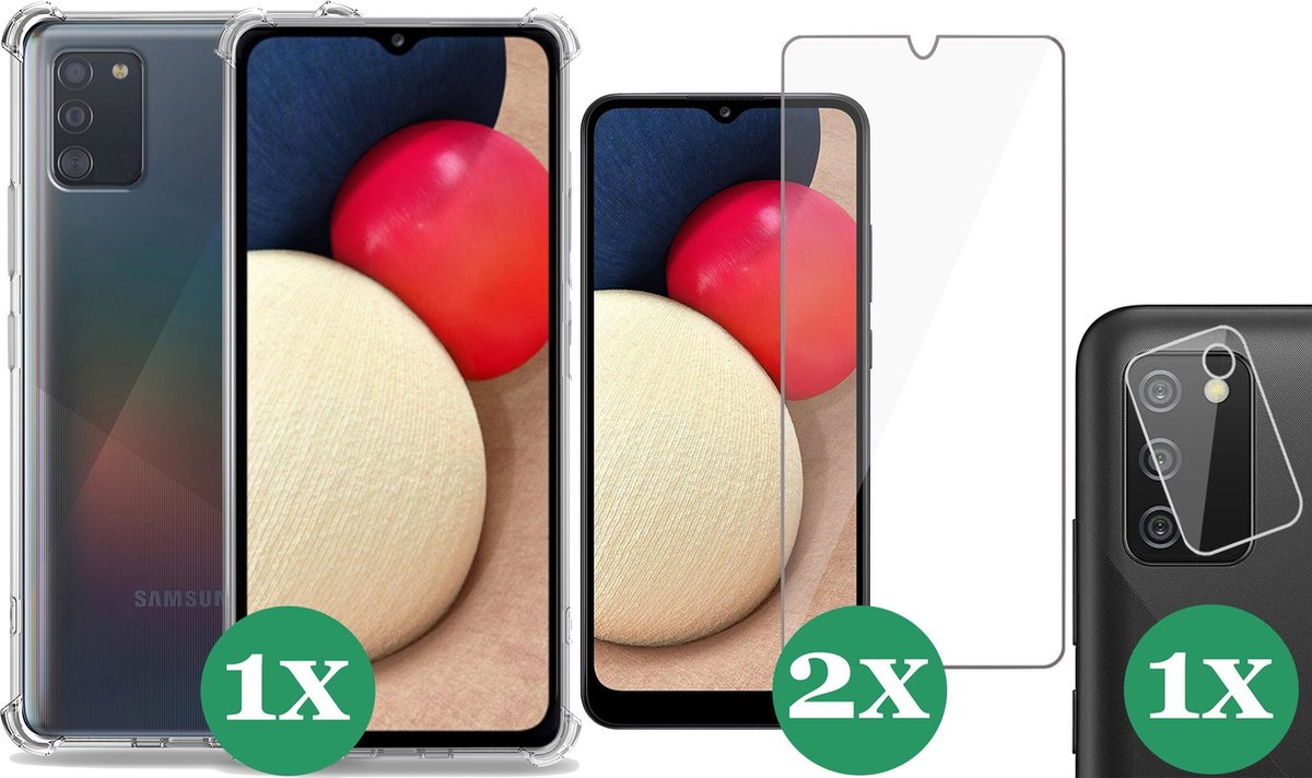 Hoesje geschikt voor Samsung Galaxy A02s - 2x Screenprotector Glas & 1x Camera Screen Protector - Transparant Shock Case