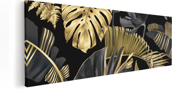 Artaza Canvas Schilderij Gouden Tropische Bladeren - 120x40 - Groot - Foto Op Canvas - Canvas Print