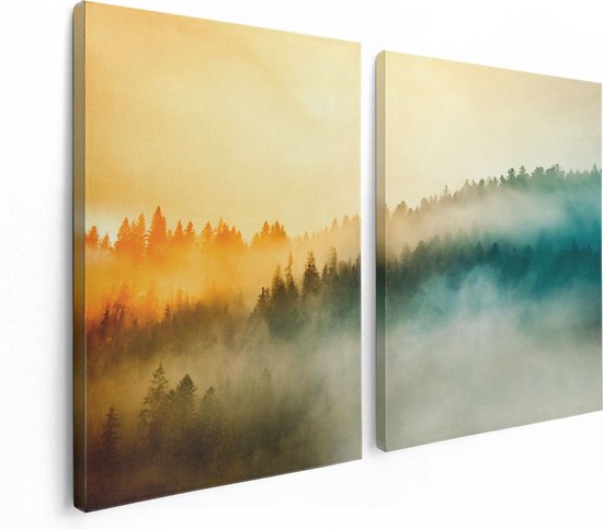 Artaza - Peinture sur toile Diptyque - Lever de soleil coloré dans la forêt avec brouillard - 120x80 - Photo sur toile - Impression sur toile