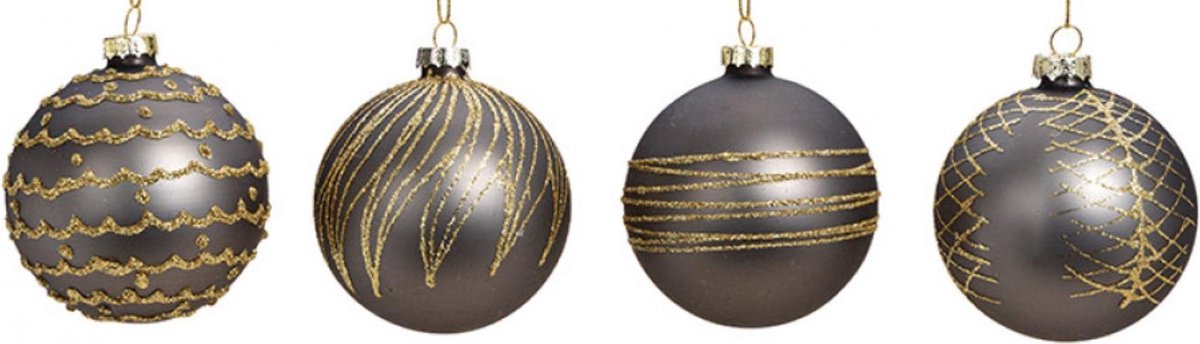 Glazen Kerstballen Met Glitters - Grijs / Goud - Diameter 8cm - 12 Stuks