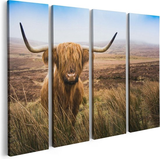 Artaza - Quadriptyque de peinture sur toile - Vache Highlander écossaise dans le champ - 80x60 - Photo sur toile - Impression sur toile