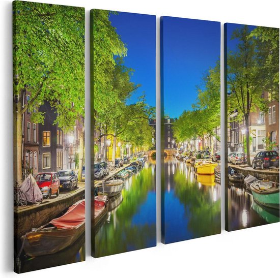 Artaza Canvas Schilderij Vierluik Amsterdamse Gracht In De Nacht - 80x60 - Foto Op Canvas - Canvas Print