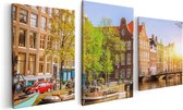 Artaza Canvas Schilderij Drieluik Amsterdamse Gracht Tijdens Zonsondergang - 120x60 - Foto Op Canvas - Canvas Print