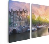 Artaza Canvas Schilderij Tweeluik Amsterdamse Grachten  - 80x60 - Foto Op Canvas - Canvas Print