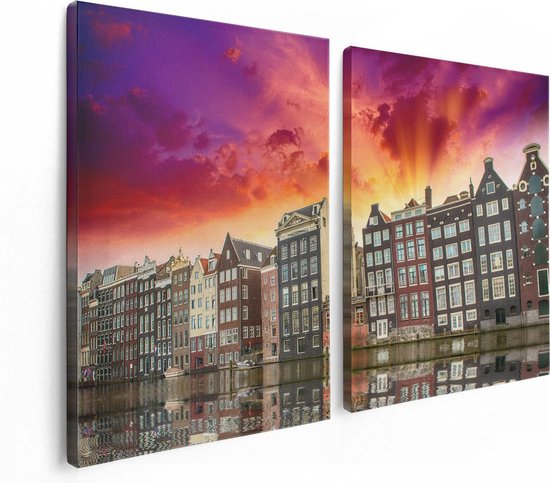 Artaza Canvas Schilderij Tweeluik Amsterdamse Huisjes Bij Het Kanaal - Kleur - 120x80 - Foto Op Canvas - Canvas Print