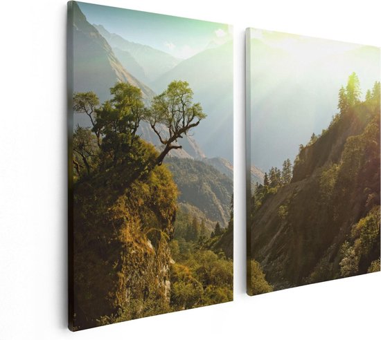 Artaza - Peinture sur toile Diptyque - Forêt dans les Montagnes avec soleil - Couleur - 80x60 - Photo sur toile - Impression sur toile