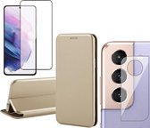 Samsung Galaxy S21 FE Hoesje - Book Case Lederen Wallet Cover Minimalistisch Pasjeshouder Hoes Goud - Full Tempered Glass Screenprotector - Camera Lens Protector