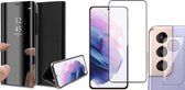 Samsung Galaxy S21 FE Hoesje - Book Case Spiegel Wallet Cover Hoes Zwart - Full Tempered Glass Screenprotector - Camera Lens Protector