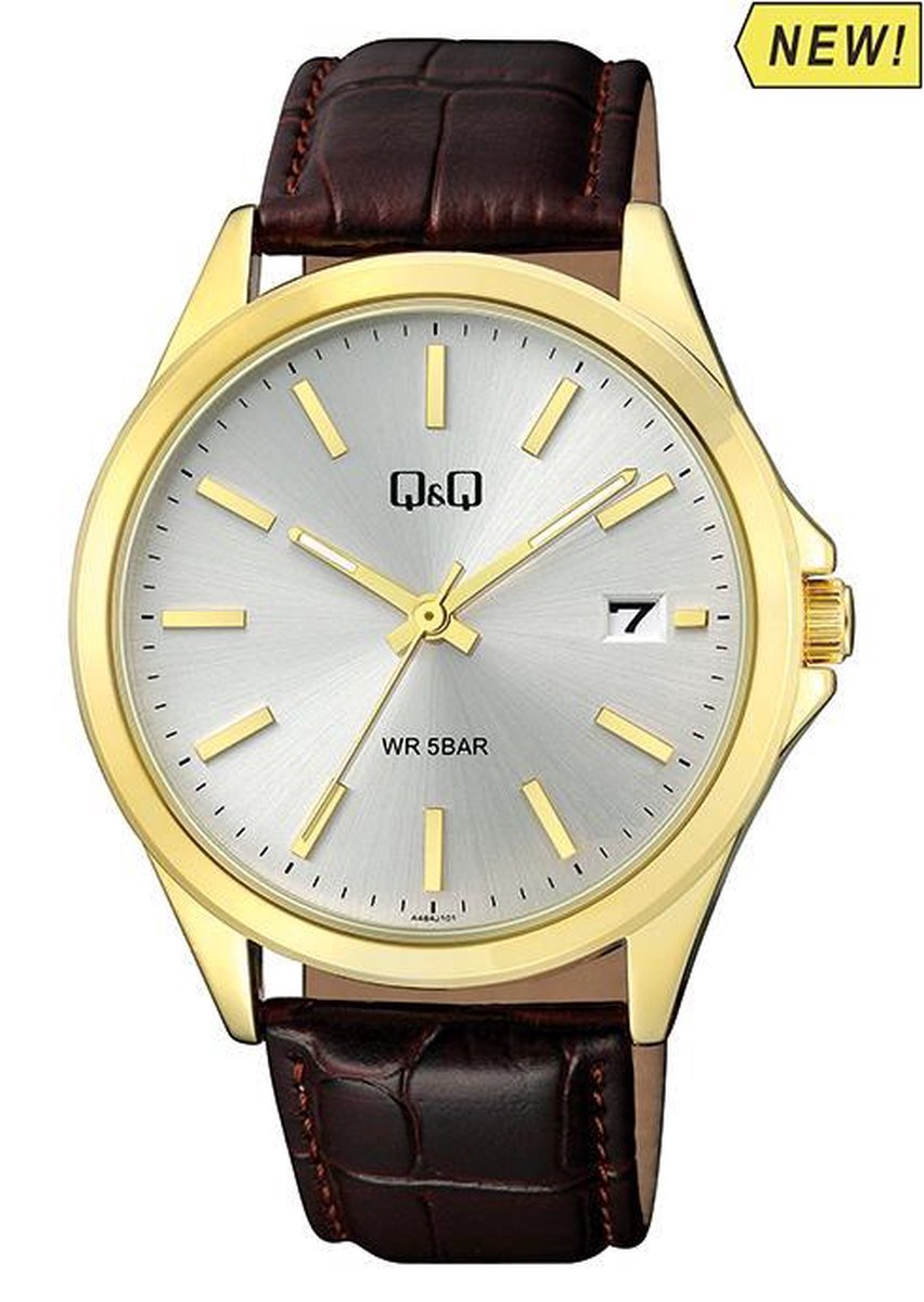 Q&Q heren horloge-datumaanduiding-bruin lederen band-goudkleurige kast-A484J101