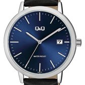 Q&Q heren horloge-blauwe wijzerplaat-datumaanduiding-zwart lederen band- A486J322