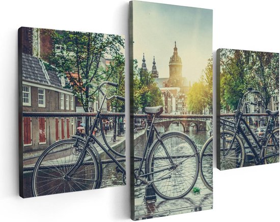 Artaza Canvas Schilderij Drieluik Amsterdamse Brug Bij Een Gracht Met Zonsondergang - 90x60 - Foto Op Canvas - Canvas Print