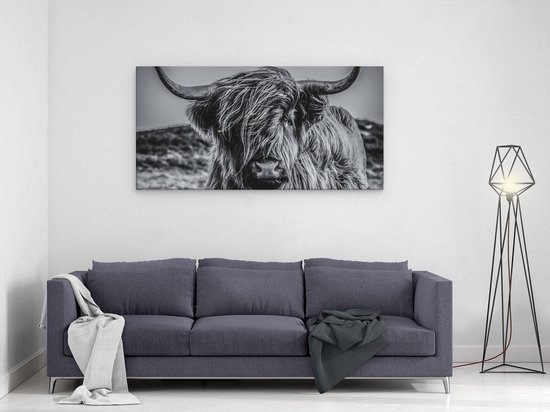Artaza Canvas Schilderij Schotse Hooglander Koe - Zwart Wit - 120x60 cm - Groot - Wanddecoratie Woonkamer - Schilderijen - Muurdecoratie