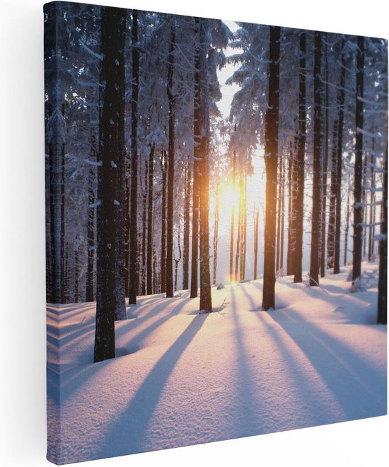 Artaza - Canvas Schilderij - Bos Met Sneeuw Tijdens De Zonsondergang - Foto Op Canvas - Canvas Print