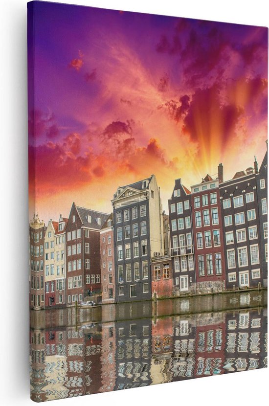 Artaza Canvas Schilderij Amsterdamse Huisjes Bij Het Kanaal - Kleur - 80x100 - Groot - Foto Op Canvas - Canvas Print