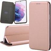 Hoesje geschikt voor Samsung Galaxy S21 FE - Book Case Lederen Wallet Cover Minimalistisch Pasjeshouder Hoes Roségoud