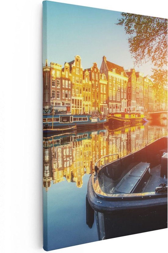 Artaza Canvas Schilderij Amsterdamse Brug - Gracht - Met Bloemen - 60x90 - Foto Op Canvas - Canvas Print