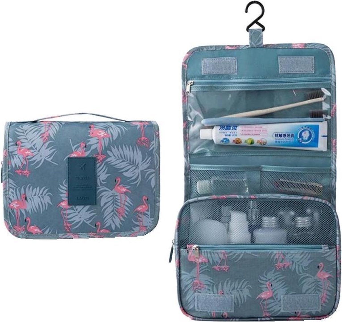 Fako Fashion® - Reis Toilettas Met Ophang Haak - Travel Bag - Organizer Voor Toiletartikelen - Reisartikelen - Travel Bag - Ophangbare Toilettas - Flamingo Blauw/Grijs - Fako Fashion®