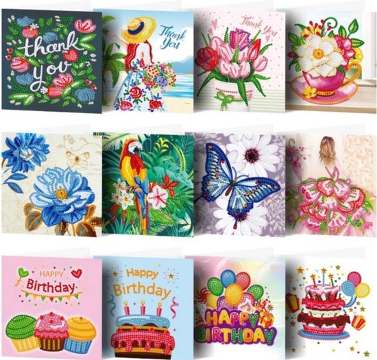 Cards & Crafts Diamond Painting kaarten - Wenskaarten Set van 12 kaarten - Hobbypakket - Diamond painting pakket volledig