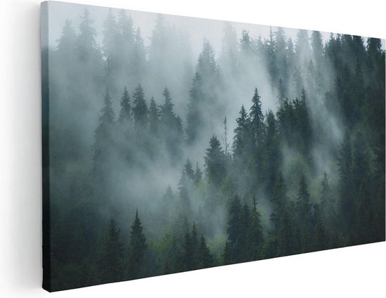 Artaza Canvas Schilderij Bos Met Bomen In De Mist - 40x20 - Klein - Foto Op Canvas - Canvas Print