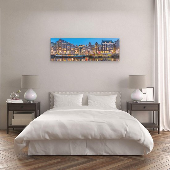 Artaza - Peinture sur toile - Maisons d'Amsterdam dans la soirée avec des lumières - 120x40 - Groot - Photo sur toile - Impression sur toile