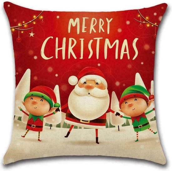 Sierkussen Kerst - Rood Vrolijke Poppetjes - Sierkussen - Kerst - 45x45 cm - Sierkussen - Polyester
