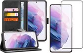 Samsung Galaxy S21 FE Hoesje - Book Case Leer Wallet Cover Portemonnee Pasjeshouder Hoes Zwart - Full Tempered Glass Screenprotector