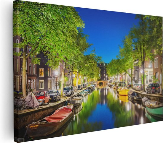 Artaza Canvas Schilderij Amsterdamse Gracht In De Nacht - 120x80 - Groot - Foto Op Canvas - Wanddecoratie Woonkamer