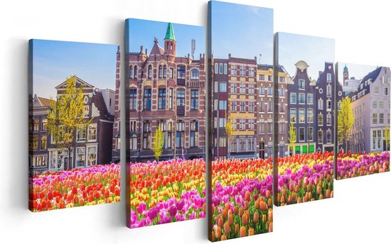 Artaza Canvas Schilderij Vijfluik Amsterdamse Huisjes Met Tulpen - Kleur - 100x50 - Foto Op Canvas - Canvas Print