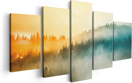 Artaza Canvas Schilderij Vijfluik Kleurrijke Zonsopgang In Het Bos Met Mist - 100x50 - Foto Op Canvas - Canvas Print