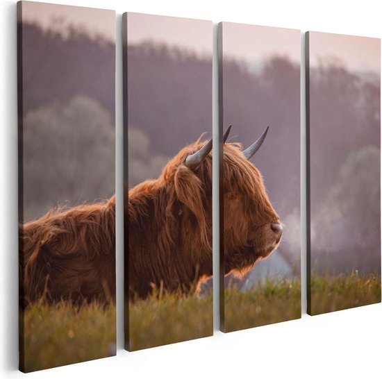 Artaza Canvas Schilderij Vierluik Schotse Hooglander Koe Ligt In Het Gras - 80x60 - Foto Op Canvas - Canvas Print