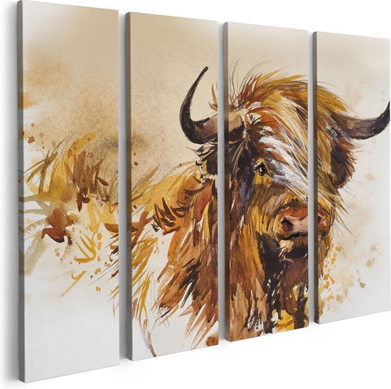 Artaza Canvas Schilderij Vierluik Schotse Hooglander Koe - Abstract - 80x60 - Foto Op Canvas - Canvas Print