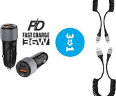 Autolader USB-A & USB-C met 2x USB-C Oplaadkabel - Snellader -Krulsnoer - Uitrekbaar- Auto Lader - Sigarettenaansteker Oplader - Geschikt voor OPPO Find / OPPO Reno / OPPO Watch / OPPO Mirror