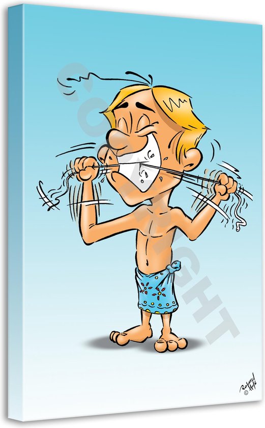 Tandarts Cartoon op canvas - Roland Hols - Flossen - 60 x 40 cm - Houten frame 4 cm dik - Orthodontist - Mondhygiënist