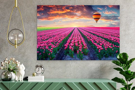 Artaza - Peinture sur toile - Champ de fleurs avec tulipes roses - Montgolfière - 60x40 - Photo sur toile - Impression sur toile