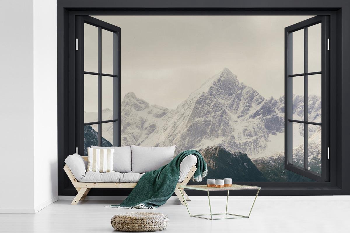Behang - Fotobehang Doorkijk - Berg - Sneeuw - Breedte 330 cm x hoogte 220 cm