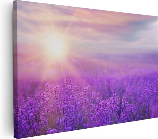 Artaza Canvas Schilderij Bloemenveld Met Paarse Lavendel - 90x60 - Foto Op Canvas - Canvas Print - Muurdecoratie