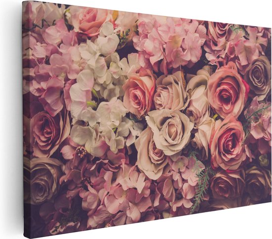 Artaza Canvas Schilderij Roze Rozen Achtergrond - Retro - Bloemen - 120x80 - Groot - Foto Op Canvas - Wanddecoratie Woonkamer