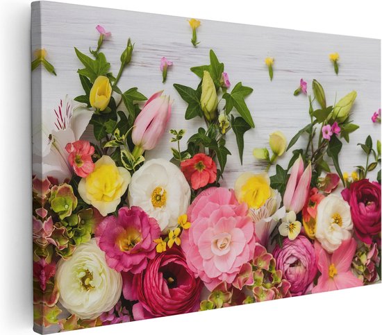 Artaza - Canvas Schilderij - Bloemen Op Een Witte Houten Achtergrond - Foto Op Canvas - Canvas Print