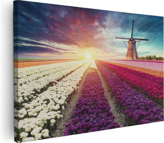 Artaza Canvas Schilderij Kleurrijke Tulpen Bloemenveld - Windmolen - 120x80 - Groot - Foto Op Canvas - Wanddecoratie Woonkamer