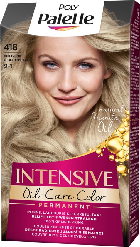 Poly Palette Intensieve Olie-Care Kleur, permanente haarverf 418 Licht Asblond. Model met lang, golvend lichtblond haar.