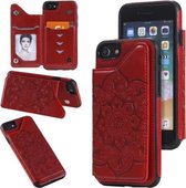 Bloem reliëfpatroon schokbestendig beschermhoes met houder & kaartsleuven & fotolijst voor iPhone SE 2020/8/7 (rood)