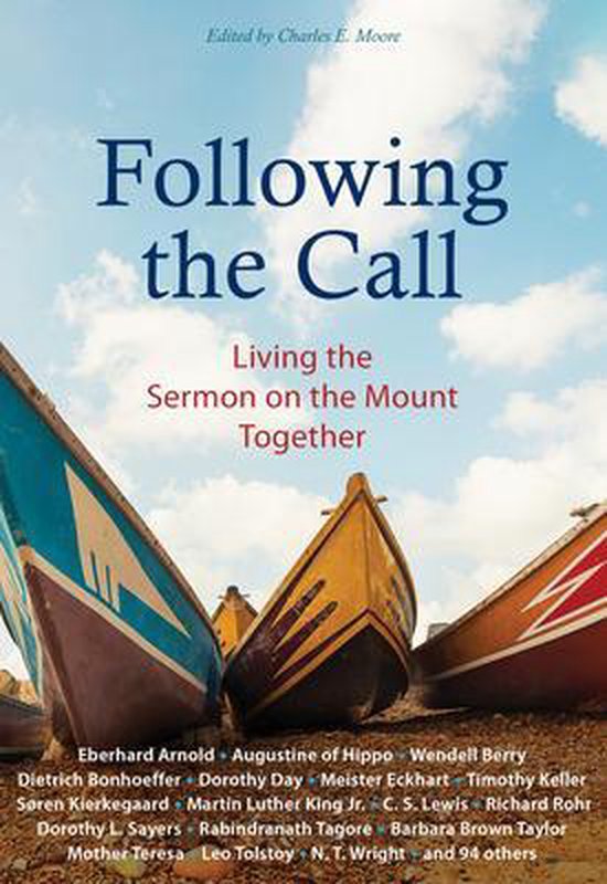 Couverture du livre 'Following the Call: Living the Sermon on the Mount Together'. Trois bateaux colorés sont à l'avant-plan.