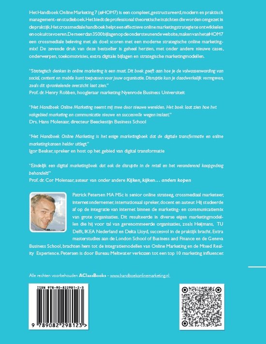 Boekomslag met een portret van Patrick Petersen, een expert, en tekst over het "Handboek Online Marketing 7".