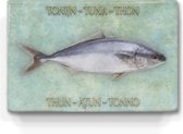 tonijn op aqua achtergrond  - niet van echt te onderscheiden schilderijtje op hout - tonijn in 6 talen -  Laqueprint