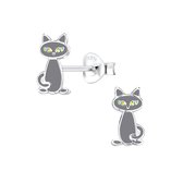 Joy|S - Zilveren kat poes oorbellen - 6 x 10 mm - grijs
