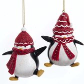 Kurt S. Adler Kerstornament - Winter pinguins - set van 2 - rood zwart wit - 9cm