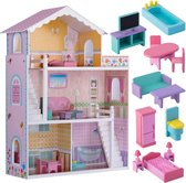 Houten poppenhuis 3 verdiepingen + meubels-roze-hout